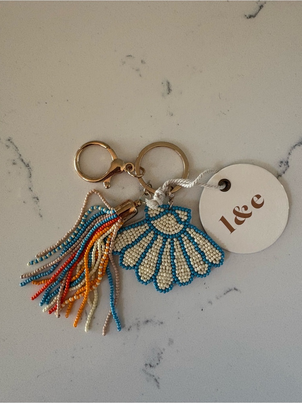 Beaded Blue & Cream Shell Tassel Keychain